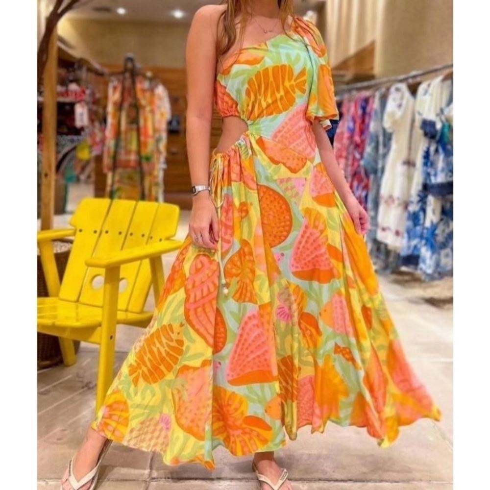Farm Rio Seashell Maxi Dress M Green Orange Marine Beach Boho Summer Coastal